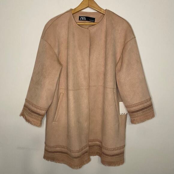 Zara Faux Suede Blush Pink Open Sweater Jacket Western Boho Fringe Size Small - Picture 3 of 16